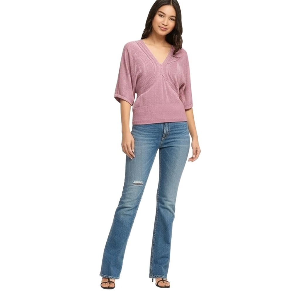 Womens Small Sweater Pink Mauve V-Neck‎ 3/4 Sleeve Gathered Hem Cozy Chic